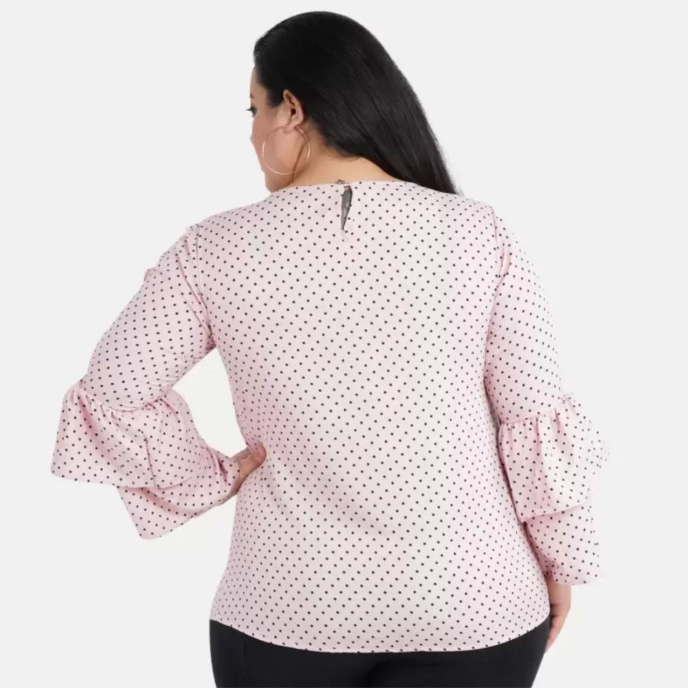 Women's Casual Flute Sleeve Printed Pink Top (Color:Pink, Material:Crepe)