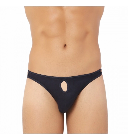Generic Men's Cotton Spandex Brief Thong Front Open Hole Notch Underwear (Black)