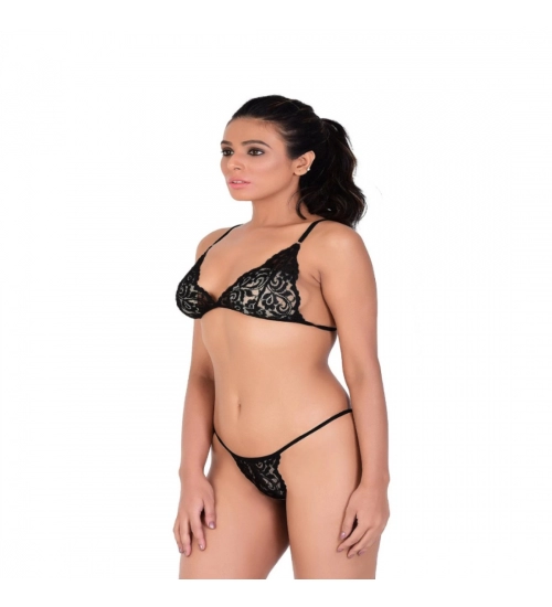 Generic Women's Lace Special Moment Black Tanga Lingerie Bra Panty Set (Black)