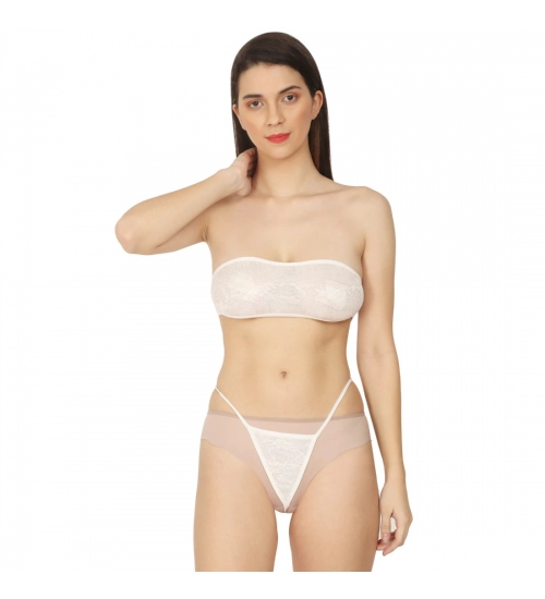 Generic Women's Lycra Blend Lace White Lingerie Set Tube Bra And Panty Set (White)