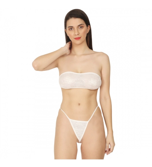 Generic Women's Lycra Blend Lace White Lingerie Set Tube Bra And Panty Set (White)
