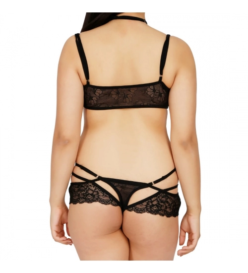 Generic Women's Lace Seductive Lingerie High Neck Cup Bra And Panty Set (Black)