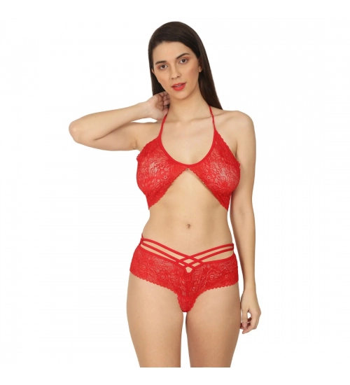 Generic Women's Lace Special Moment Designer Red Lingerie Set (Red)