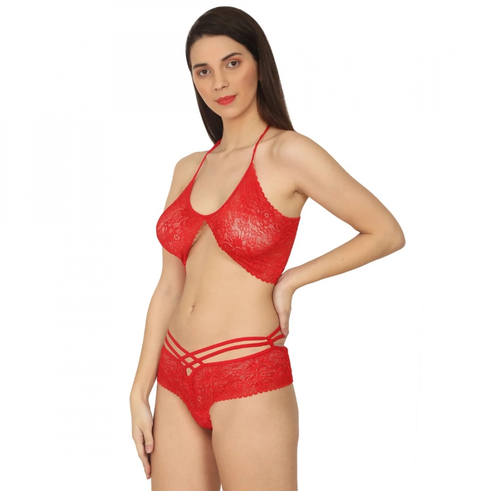Generic Women's Lace Special Moment Designer Red Lingerie Set (Red)