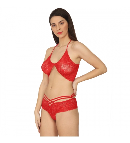 Generic Women's Lace Special Moment Designer Red Lingerie Set (Red)