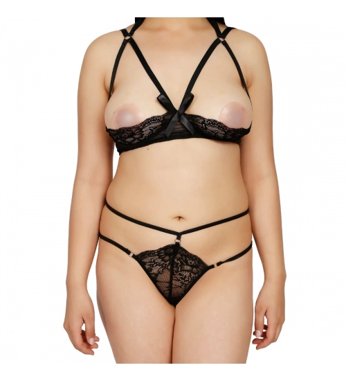 Generic Women's Lace Tempting Floral Open Cup Bra Lingerie Set (Black)