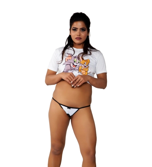 Generic Women's Cotton Melange Tuxedo Crotch Less G String Panty (White And Black)