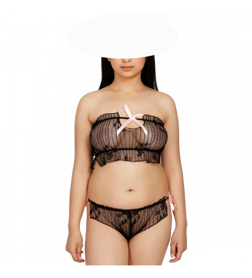 Generic Women's Lace Sheer Lace See Through Lingerie Set (Black)