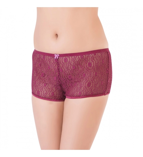 Generic Women's Nylon Mid Waist Rise Wine Lace Sheer Boyshort Panty (Wine)