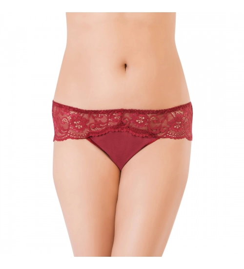 Generic Women's Nylon Mid Waist Frilled Floral Sheer Lace Hipster (Wine Red)