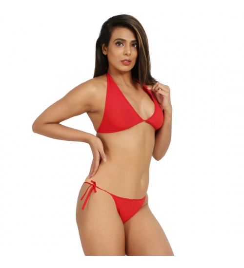Generic Women's Nylon Spandex Red Bikini Set Foxy Bra And Panty (Red)