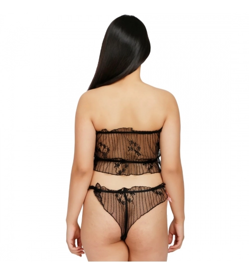 Generic Women's Lace Sheer Lace See Through Lingerie Set (Black)