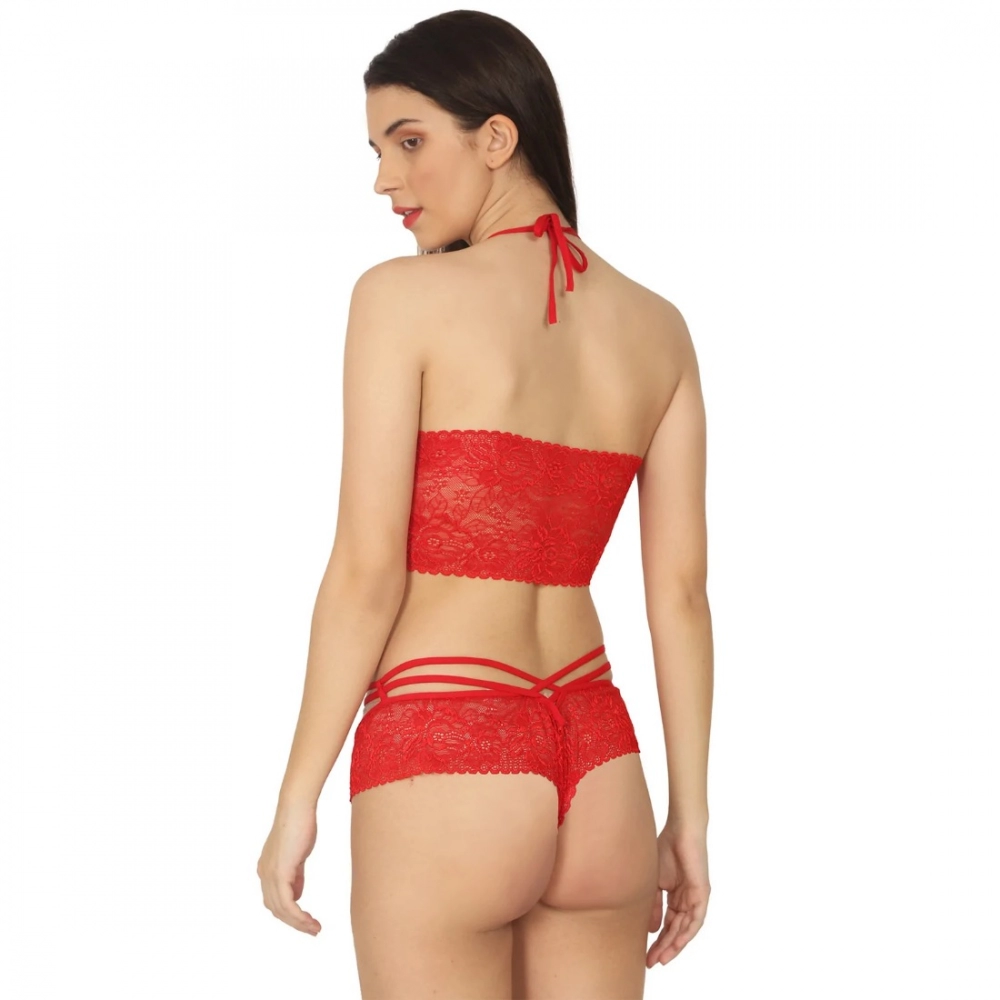 Generic Women's Lace Special Moment Designer Red Lingerie Set (Red)