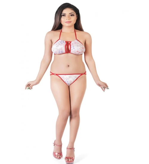 Generic Women's Polyamide Non Padded Light Pink Floral Printed Polyamide Halter Neck Lingerie Set (Light Pink)