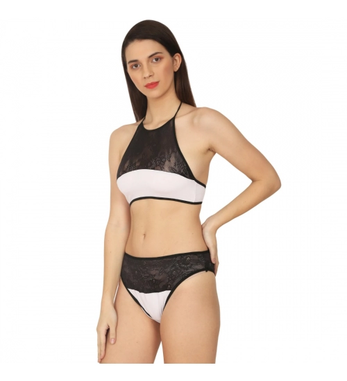 Generic Women's Cotton Lace Halter Neck Lingerie Black Lace And White Color (White And Black)