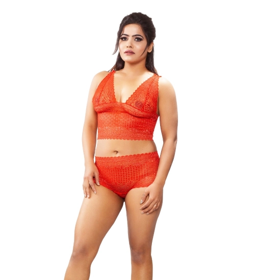 Generic Women's Lace Bra And Panty Set Self Design Lingerie Set (Red)