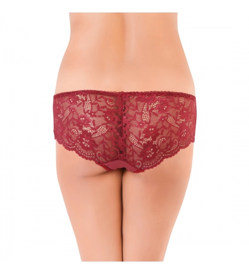 Generic Women's Nylon Mid Waist Frilled Floral Sheer Lace Hipster (Wine Red)