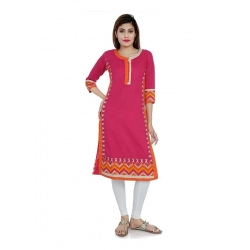 Generic Women's Cotton Embroidered Straight Kurti (Pink, Cotton)