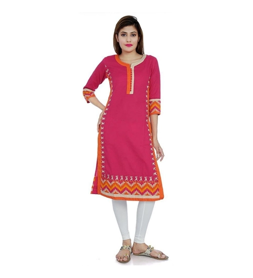 Generic Women's Cotton Embroidered Straight Kurti (Pink, Cotton)