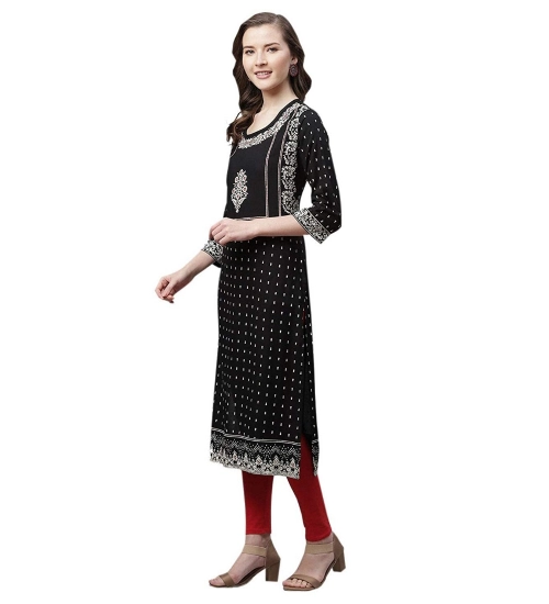 Generic Women's Rayon Printed Straight Kurti (Black, Rayon)