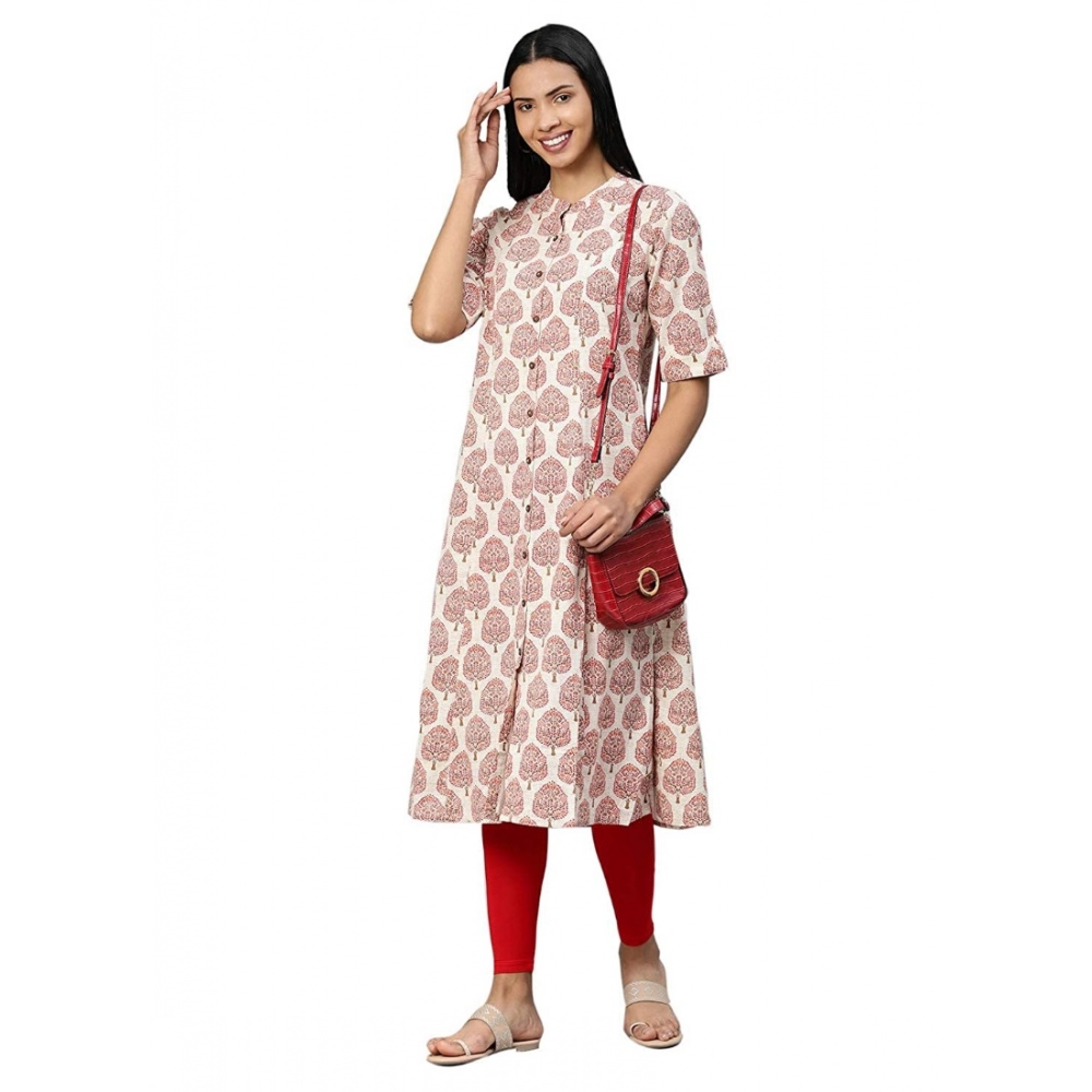 Generic Women's Khadi PrintedA Line Kurti (Cream, Khadi)