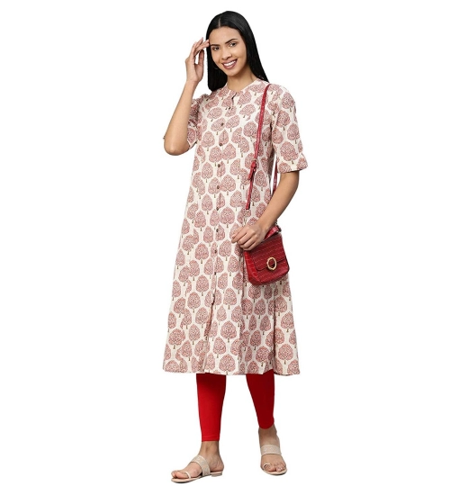 Generic Women's Khadi PrintedA Line Kurti (Cream, Khadi)