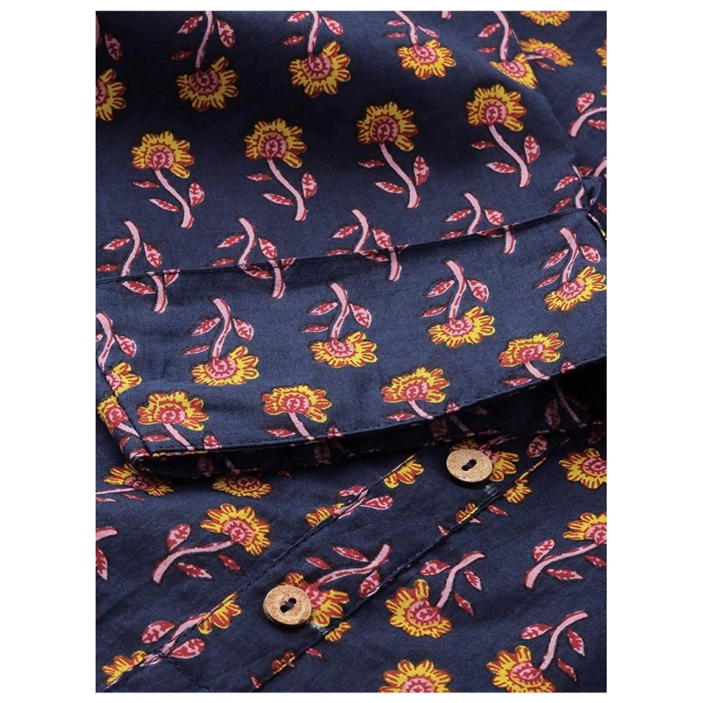 Generic Women's Cotton Printed Solid Kurti (Blue, Cotton)