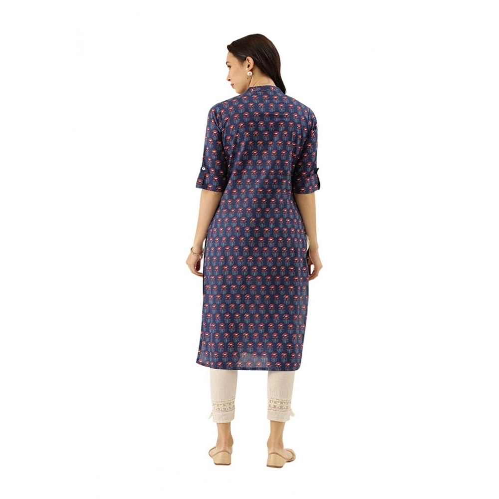 Generic Women's Cotton Printed Straight Kurti (Navy Blue, Cotton)