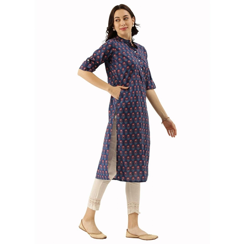 Generic Women's Cotton Printed Straight Kurti (Navy Blue, Cotton)
