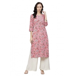 Generic Women's Cotton Printed Straight Kurti (Pink, Cotton)