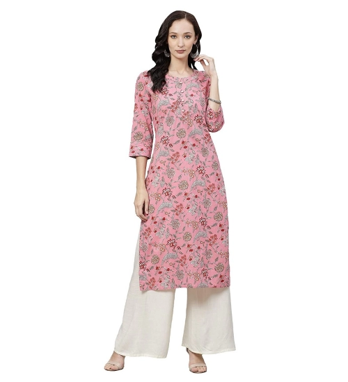 Generic Women's Cotton Printed Straight Kurti (Pink, Cotton)