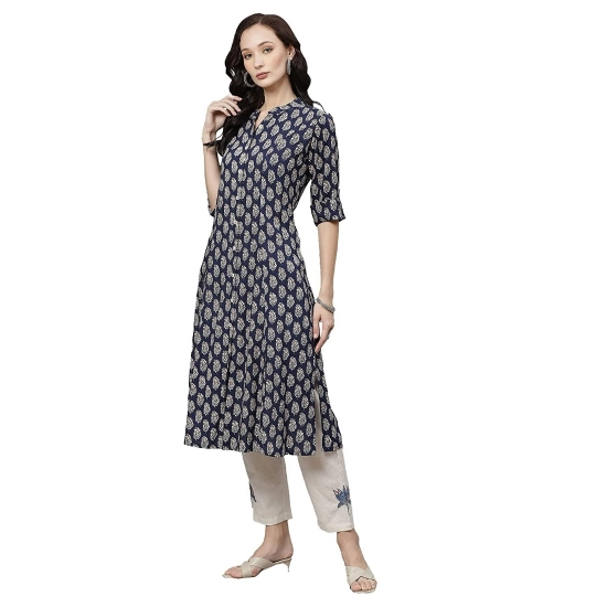 Generic Women's Rayon Printed A Line Kurti (Blue, Rayon)