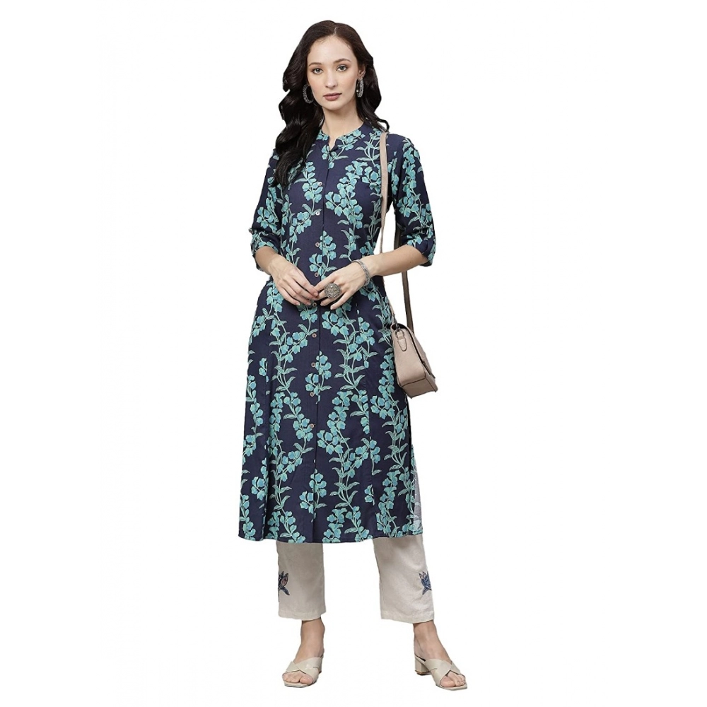 Generic Women's Cotton Printed A Line Kurti (Blue, Cotton)