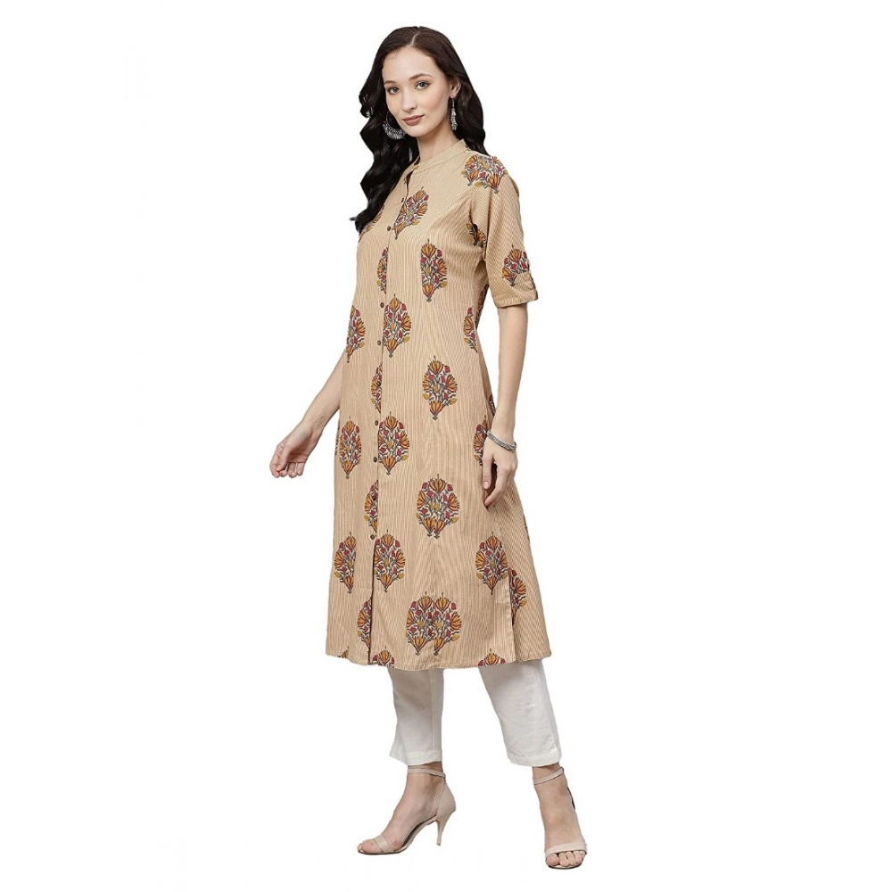Generic Women's Cotton Printed A Line Kurti (Beige, Cotton)