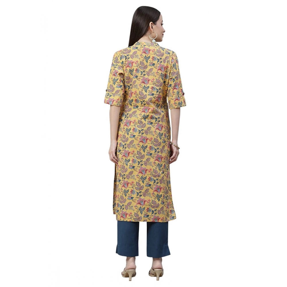 Generic Women's Cotton Printed Straight Kurti (Yellow, Cotton)