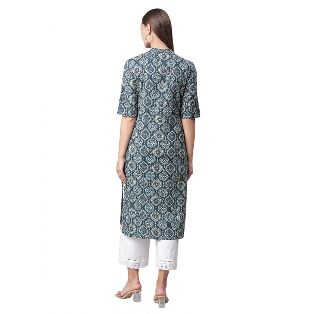 Generic Women's Cotton Printed Straight Kurti (Blue, Cotton)