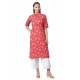 Generic Women's Cotton Printed Straight Kurti (Red, Cotton)