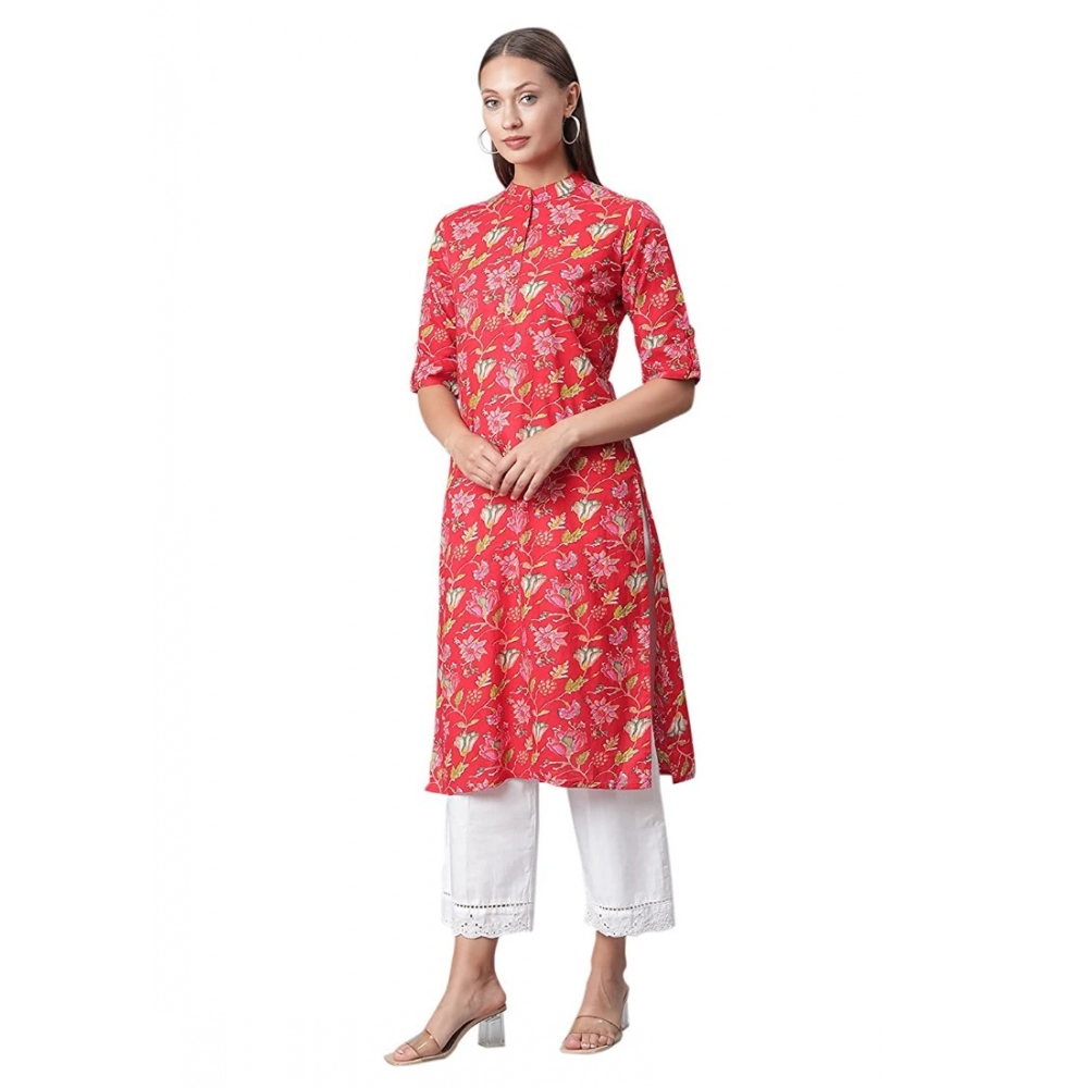 Generic Women's Cotton Printed Straight Kurti (Red, Cotton)