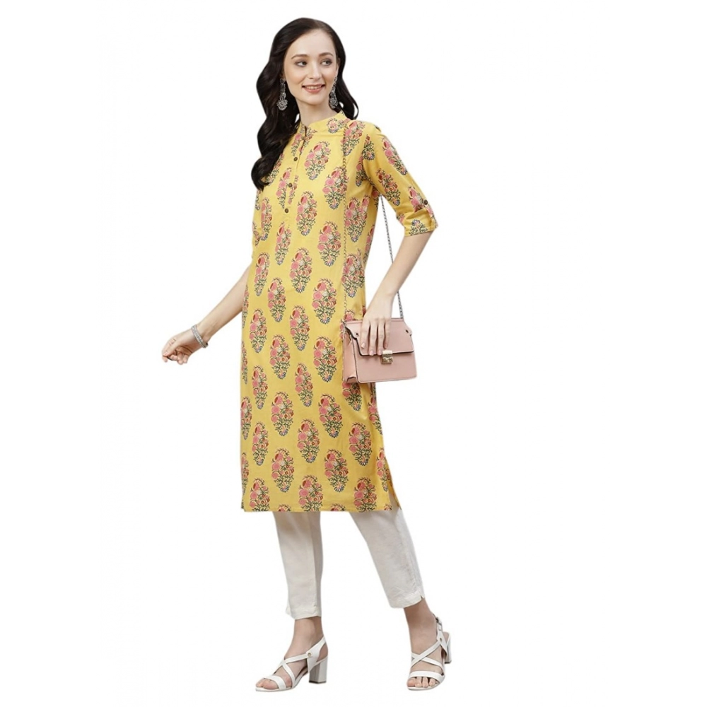 Generic Women's Cotton Printed Straight Kurti (Yellow, Cotton)
