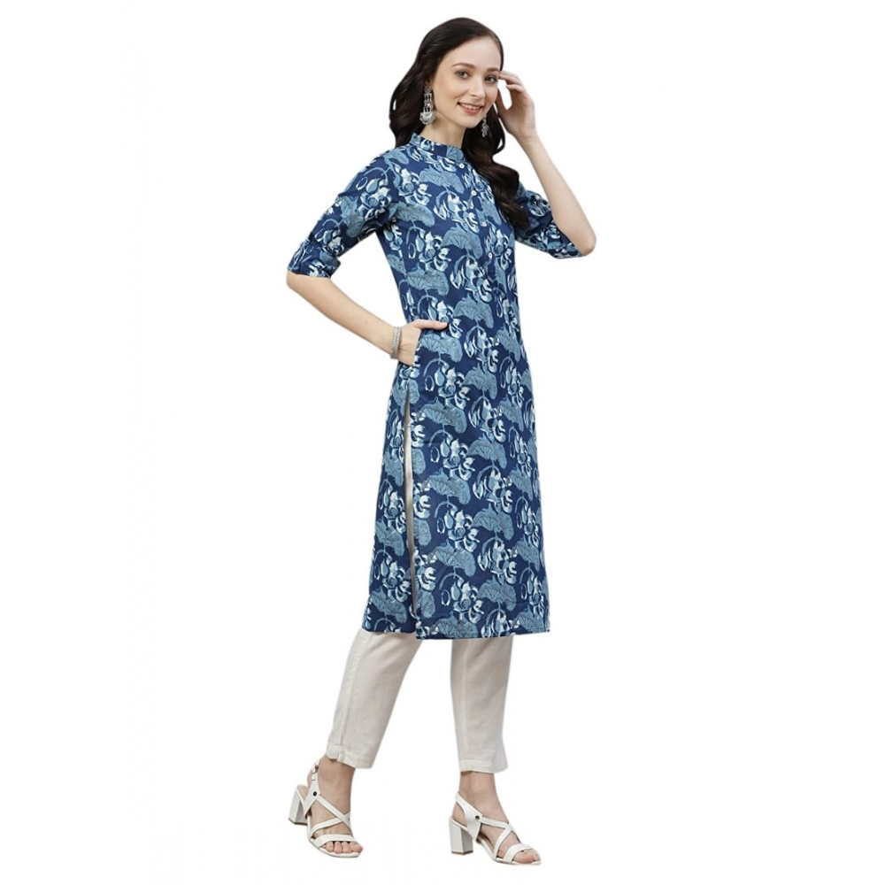 Generic Women's Cotton Printed Straight Kurti (Blue, Cotton)