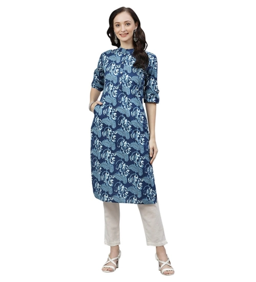 Generic Women's Cotton Printed Straight Kurti (Blue, Cotton)