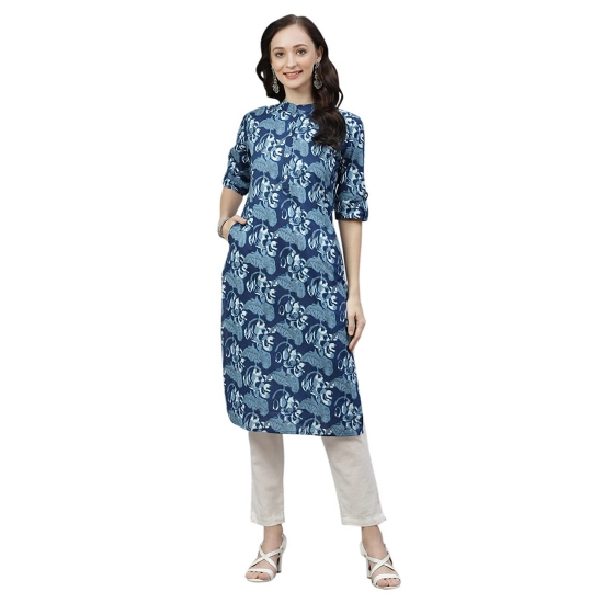 Generic Women's Cotton Printed Straight Kurti (Blue, Cotton)
