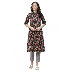 Generic Women's Cotton Printed Straight Kurti (Black, Cotton)