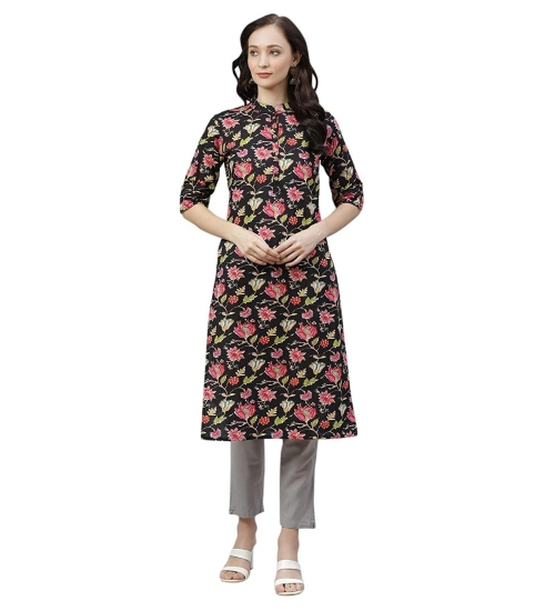 Generic Women's Cotton Printed Straight Kurti (Black, Cotton)