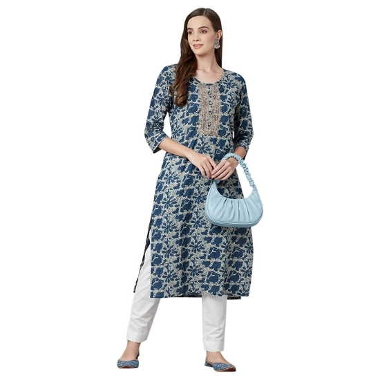 Generic Women's Cotton Printed Straight Kurti (Blue, Cotton)