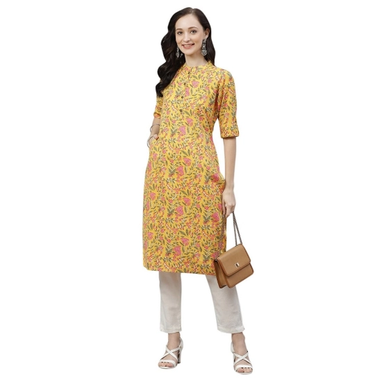 Generic Women's Cotton Printed Straight Kurti (Yellow, Cotton)
