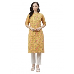 Generic Women's Cotton Printed Straight Kurti (Yellow, Cotton)