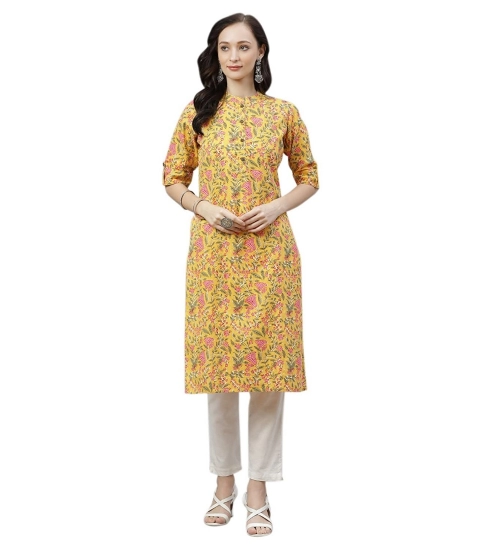 Generic Women's Cotton Printed Straight Kurti (Yellow, Cotton)