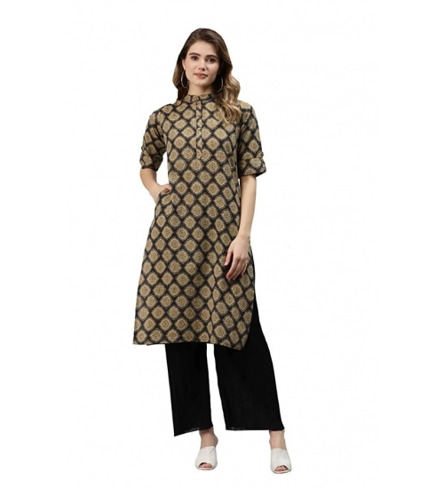 Generic Women's Cotton Printed Straight Fit Kurti (Black, Cotton)