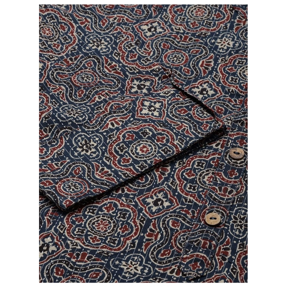 Generic Women's Cotton Printed Straight Kurti (Dark Blue, Cotton)